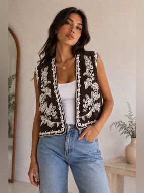 Zara Brown Embroidered Open Waistcoat Vest NWT Size Large Boho Western Cotton